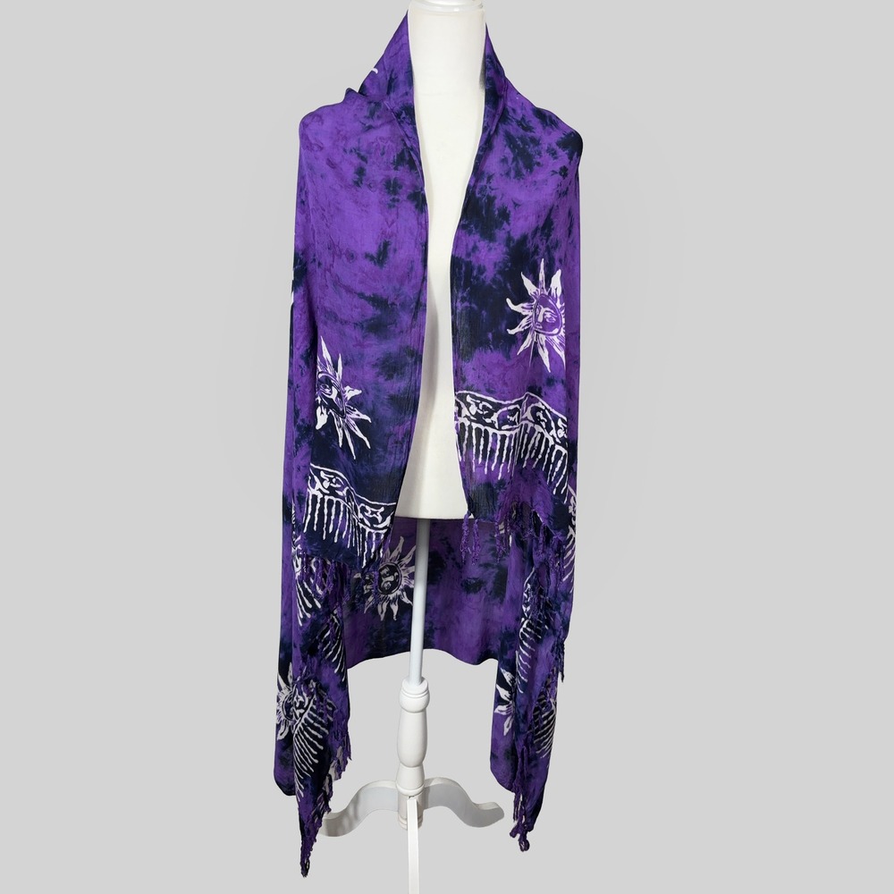 VTG Y2K Women Purple Whimsygoth Sun Celestial Fringed Wrap Shawl Hippie Boho